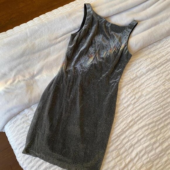90s Shimmery Silver Boatneck Shift Dress (8) - Picture 1 of 14